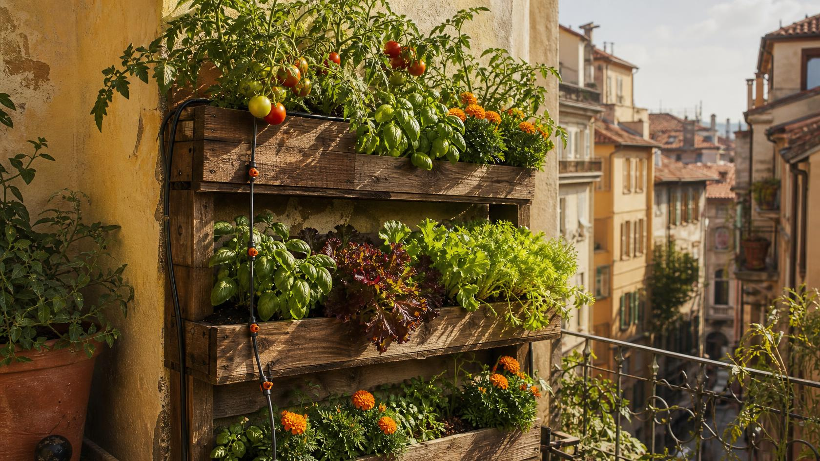 Horta vertical urbana com camadas de cultivo, consociações e sistema de rega