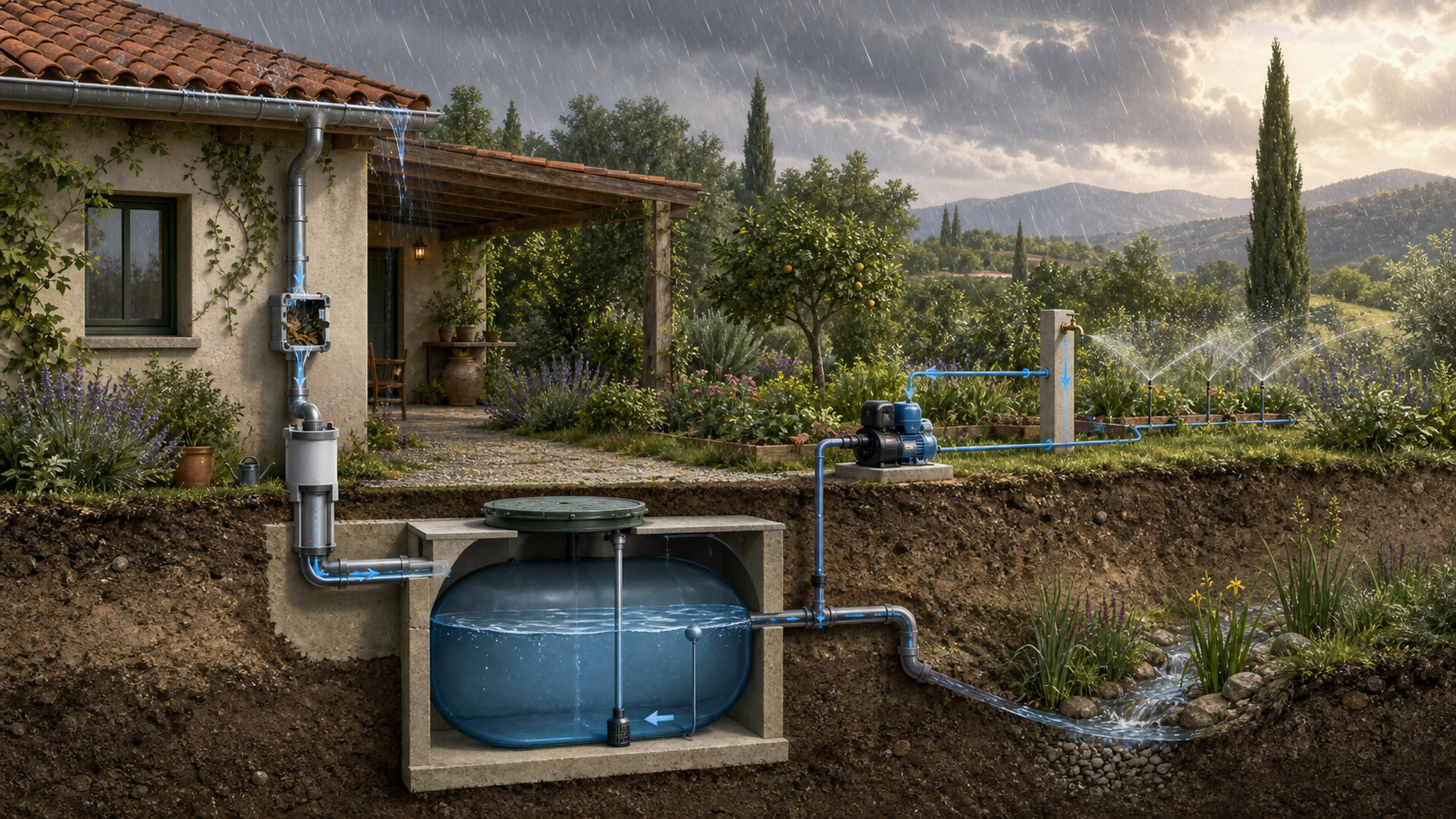 Circuito doméstico de recolha, filtragem, armazenamento e utilização de água da chuva